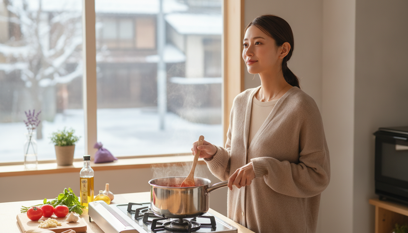 花本人と「とろ火で煮込むトマトの匂いと、急がずに待つ朝の時間」の内容を表すブログ挿絵